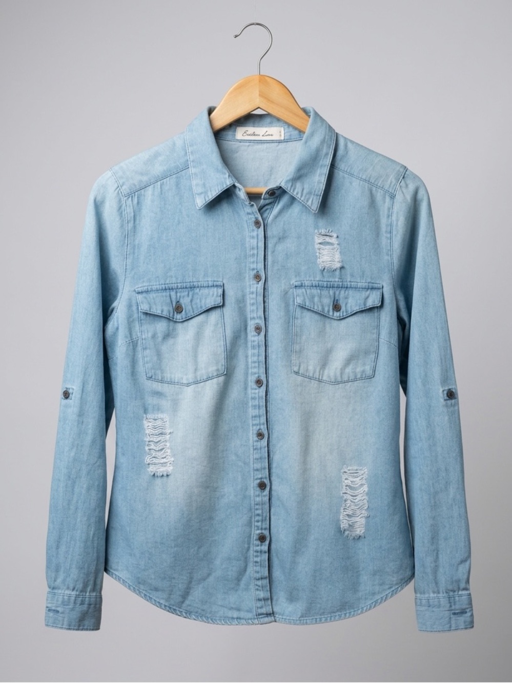 Evelyn Love Distressed Chambray Denim Button Down Shirt Roll Tab Sleeves